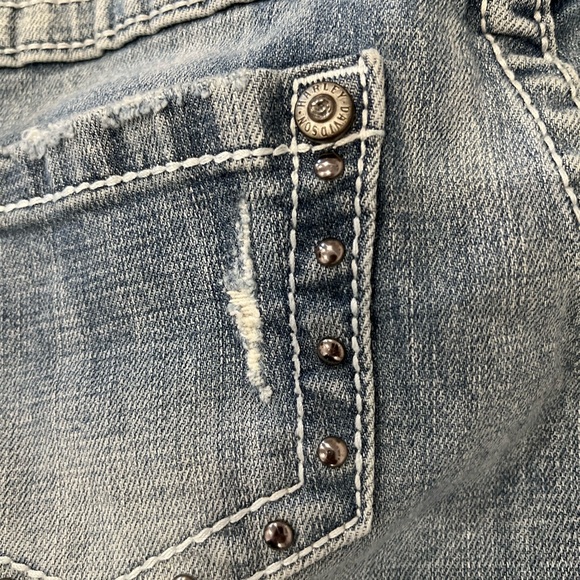 Harley Davidson distressed ripped low rise jeans. Gem and stud details. - Picture 13 of 15
